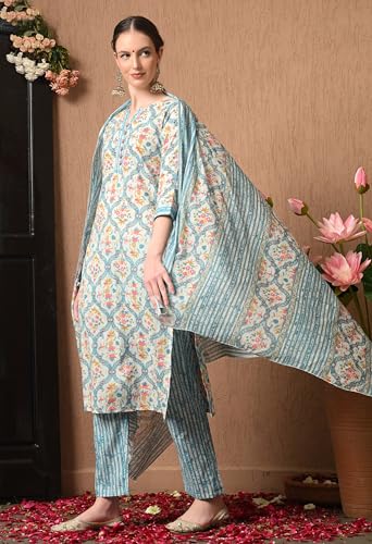 Image of Amazon Brand - Tavasya Womens Floral Printed Regular Pure Cotton Kurta with Trousers & Dupatta | Kurta Set | Salwar Suit | Ethnic Wear