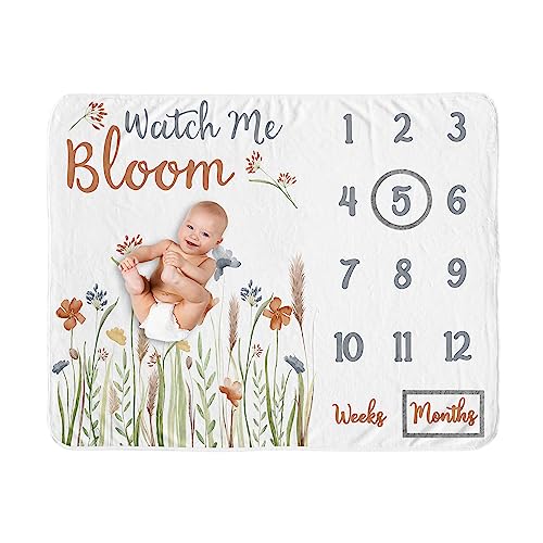 Image of Sweet Jojo Designs Boho Floral Garden Flower Girl Baby Milestone Blanket – Newborn Monthly First Year Photo Growth Infant Memory Gift Set Sage Green Watercolor Bohemian Wildflower Vintage Shabby Chic