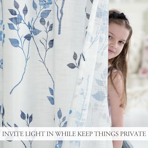 Image of Beauoop Floral Linen Semi Sheer Curtains Living Room Blue Navy 50x63 2 Set