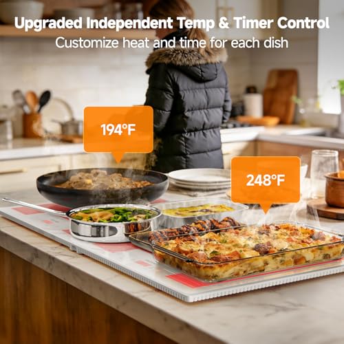 Image of FEPPO Electric Warming Tray with Independent Temp Control, 31 inchx15 inch Glass Surface Warming Mat for Food, 10 Temp Settings and Timer, 2-in-1 Food Warmers for Parties Buffet
