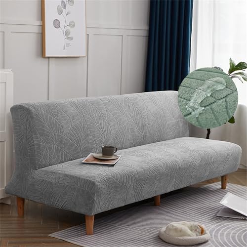 Surwin Armless Sofa Bed Cover Jacquard Non Slip Waterproof Stretch Futon Slipcover Protector for 2 Seater/3 Seater Folding Sofa Bed without Armrests (160-190cm,Light grey)