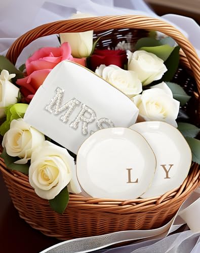 Fmeida Ceramic Jewelry Trays, Small Jewelry Tray Dish Initials Ring Dish for Women, Monogrammed Gifts for Birthday Wedding Christmas, 4.75\", Rose Gold A