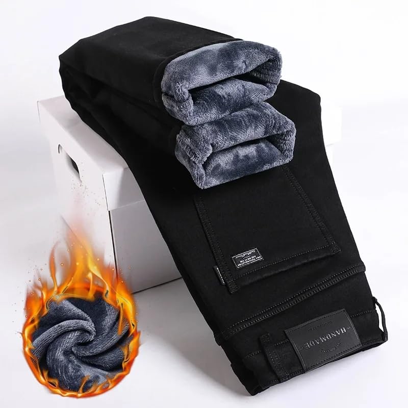 Men's Slim Straight Elastic Denim Pants Casual Male Clothing Plush Trousers Winter Fleece Thick Warm Jeans2