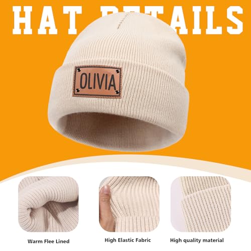 Custom Toddlers Winter Hat Scarf Gloves Set 3 Pcs for Girls Boys, Personalized Leather Patch Baby Beanie Hat4