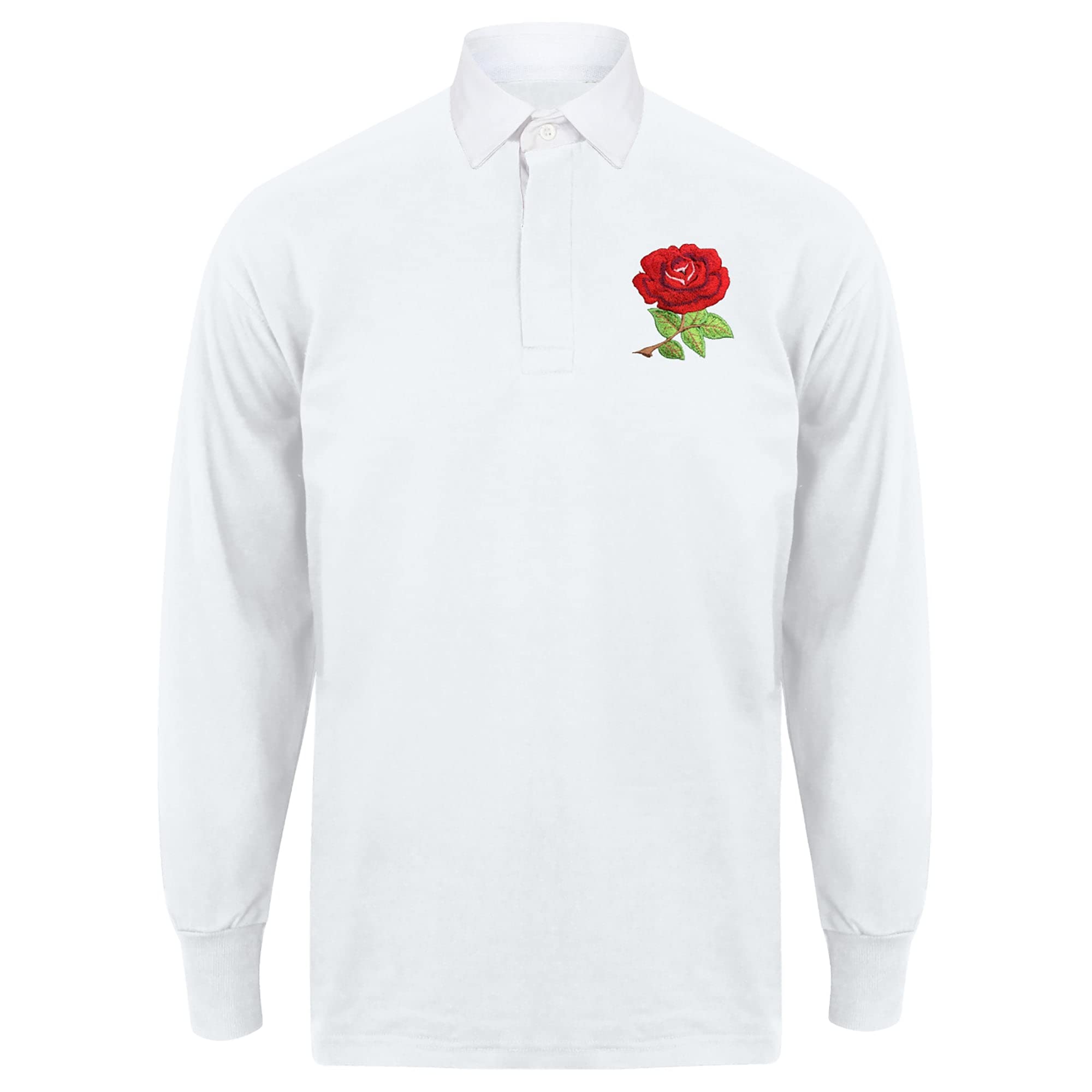 Rugby Mens Polo Shirt Personalised England Rose Embroidered Classic Vintage Style in White with Long Sleeves Best Gift for Unisex Adults (Large)