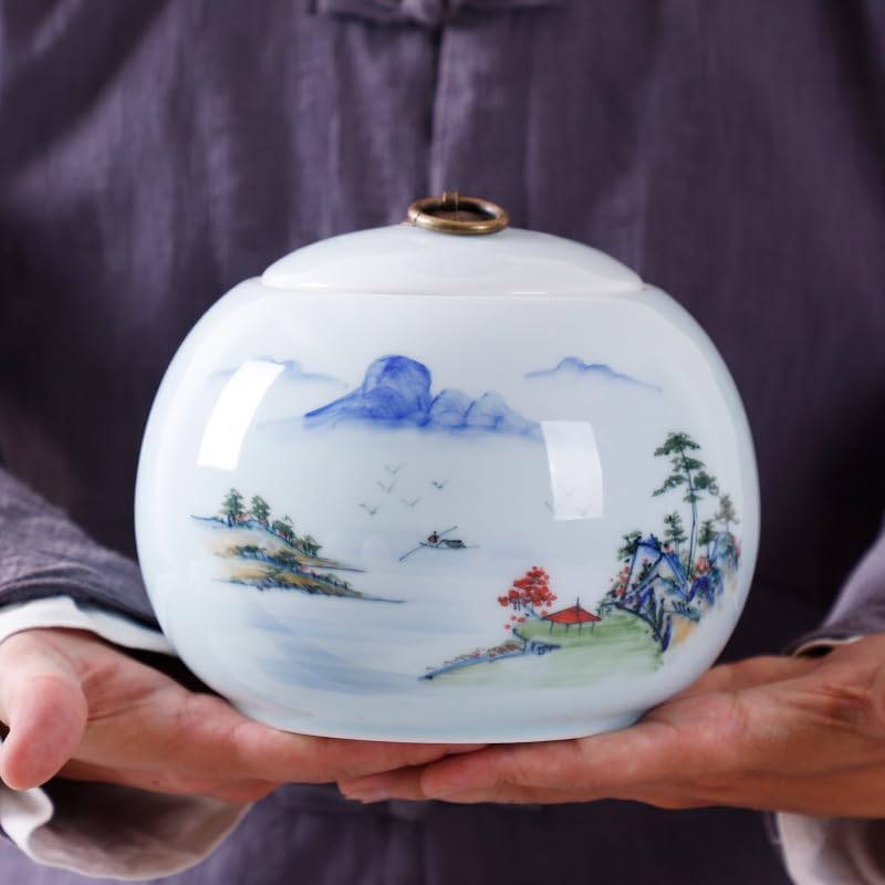 SONGCHAO Sugar Jar Hand-Painted Celadon Tea Jar, Ceramic Sealed Jar, Ceramic Candy Jar, Chinese Grain Storage Jar Tea Canister (Color : A)