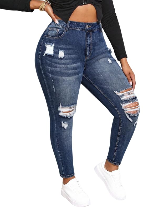 ALLABREVE Womens Plus Size Skinny Jeans Stretchy High Waisted Ankle Jean Ripped Slim Fit Washed Denim Distressed Tight Jean