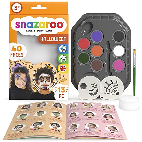 Snazaroo - Kit de pintura facial personagens de Halloween para crianças e adultos, 8 cores, 2 modelos, 1 pincel, 1 esponja, 1 guia passo a passo, base de água, maquilhagem pinturas