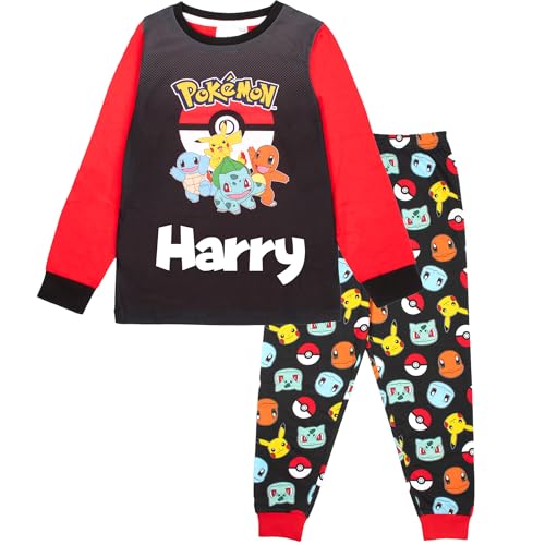 Pokemon - Pijama de manga larga personalizado - 100% algodón, suave y cálido pijama de invierno para niños y niñas - Diseño Pikachu 5-12 años negro/amarillo, Negro, 11-12 años