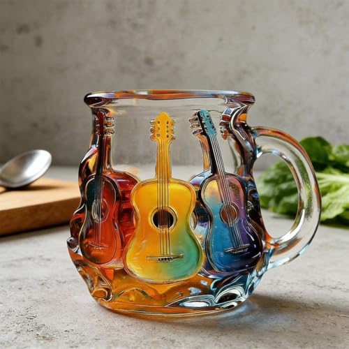 EIRZNGXQ Gitarren-Kunstbecher aus Glas, 3D-Gitarren-Kaffeebecher aus Acryl mit Henkel, handgefertigte, farbenfrohe Kaffeebecher, Kaffeetasse für Gitarrenliebhaber