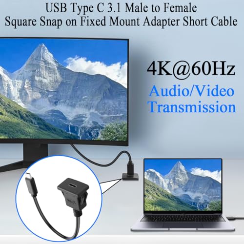 QIANRENON 10 Gb/s USB C 3.1 złącze zatrzaskowe krótki kabel PD60W USB typ C 3.1 męski na żeński wbudowany stały adapter przedłużający 20 V 3 A szybkie ładowanie, do pulpitu nawigacyjnego, 30 cm