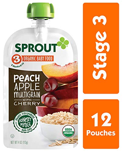 Sprout Organic Stage 3 Baby Food Pouches, Peach Apple Multigrain w/ Cherry, 4 Ounce (Pack of 12)