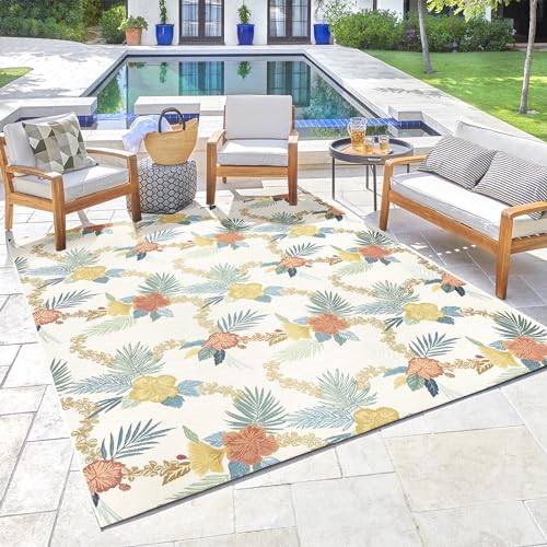 Gertmenian Reyn Spooner Kona Coast Fresco Hawaiian Tropical Rugs - 9x13 Ft Extra Large, Washable, Stain & UV Resistant Indoor Outdoor Area Rug - Green Ivory Orange Yellow, Laka, 46772