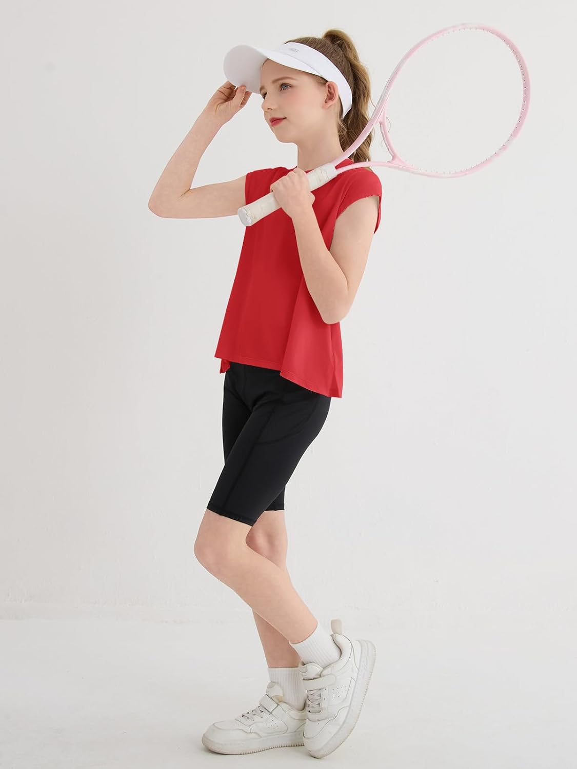 Haloumoning Girls Loose Athletic Shirts Kids Cap Sleeve Tops Quick Dry Gym Yoga Tees 5-14 Years