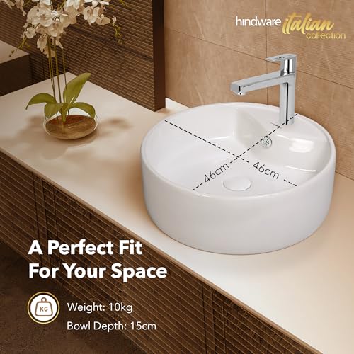 Image of Hindware Italian Collection Solitaire Table Top Wash Basin for Bathroom | Made of Ceramic | Star White | Round Shape | Over the Counter Basin