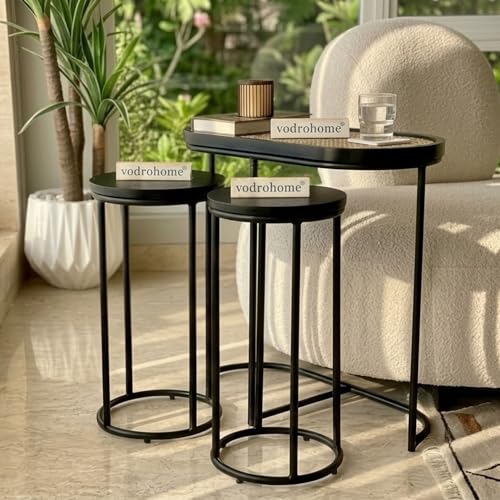Image of Charcoal Rattan Cane Side Table with Glass top - Bohemian Solid Mango Wood Cane Iron Sofa Side end Table - Wood and Cane Nesting Table S#047 (Charcoal Black 2)