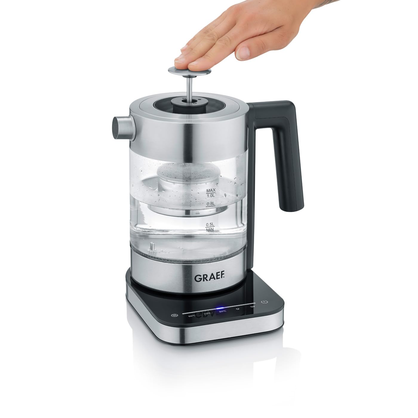 GRAEF Glaswasserkocher WK350 - Wasserkocher 1 Liter, Hochwertiges Design, SCHOTT DURAN Glas, Edelstahl, Temperatureinstellung, Teesieb, LED-Beleuchtung, 360° Basis, Warmhaltefunktion, 2200 Watt