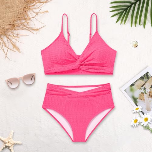 Image of Girls Swimsuit Solid Bathing Suit 2 Piece Twist Cross Adjustable Straps Soft Lining Bikini for Teen Girls with Chest Pad