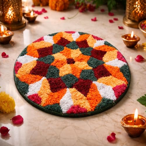 Image of Rangoli (60x60 cm) Super Soft Microfiber Decorative Mat Anti-Skid Door Mats for Home /Bathroom Mat /Bedroom /Kitchen /Floor Mat (Green & Orange)
