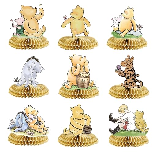 Image of 9 PCS Classic Winnie Bear Honeycomb Centerpieces - Baby Shower & Birthday Party Table Decorations Supplies