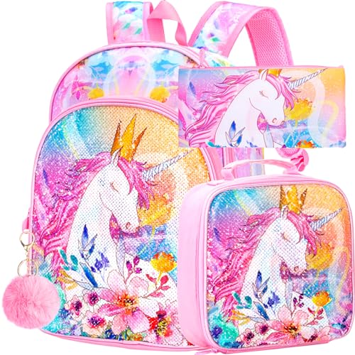 CCJPX 3PCS Unicorn Backpack for Girls, 16”Kids Preschool Sequin Bookbag and Lunch Box for Kindergarten Elementary, 16" Unicorn Pink, 2 Piece Set, Laptop