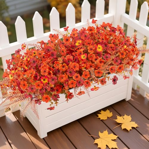 12 Bundles Fake Mums Fall Flowers Artificial for Outdoors Decoration Artificial Mums Faux Plants Daisy for Outdoor Outside Planters UV Resistant Violets for Fall Decor Home Porch Door Front Patio Yard