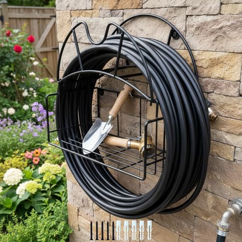 Garden Water Hose Holder Heavy Duty Hose Pipe Wall Bracket with Tool Storage Basket Decorative Metal Mounted Hose Hanger Up to 150Ft for Outside Yard Garden