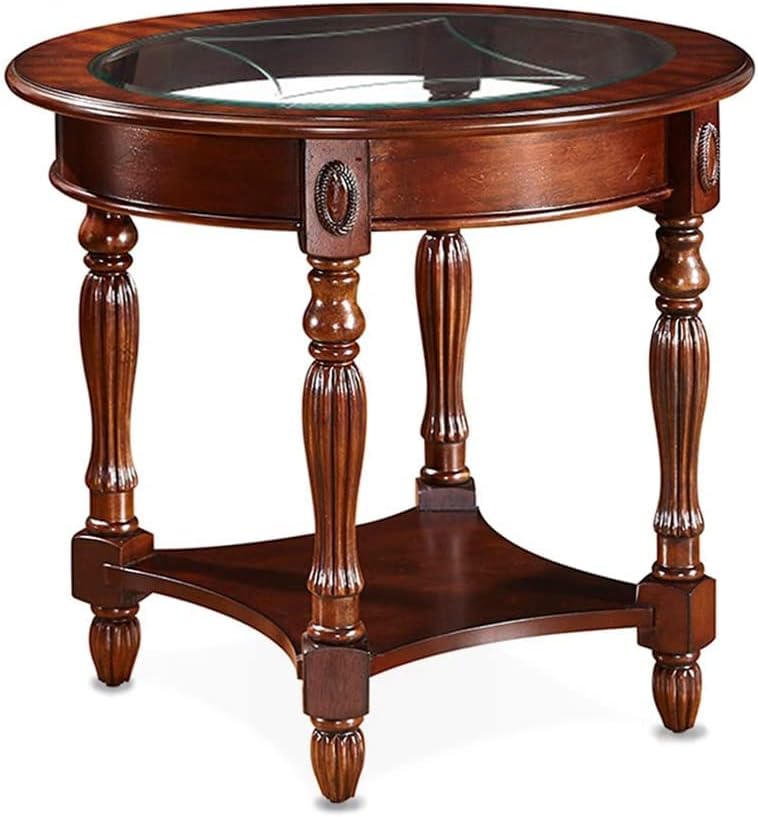 XaiDieMace Mesa auxiliar ovalada tradicional de madera maciza con mesa auxiliar superior de vidrio templado para sala de estar, dormitorio, marrón