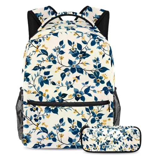 Cartables pour enfant fleurs bleues vintage avec trousse large