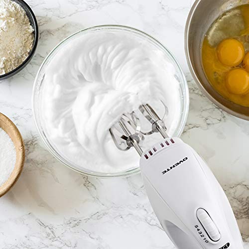 Image of Ovente Portable Electric Hand Mixer 5 Speed Mixing, 150W Powerful Blender for Baking & Cooking with 2 Stainless Steel Chrome Beater Attachments & Snap Clear Case Compact Easy Storage, White HM161W