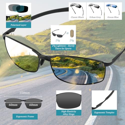 Polarized Fishing Sunglasses for Men UV400 Sunglasses, Black/Gray/Blue, Lightweight Metal Frame, Anti-Glare for Golf, Driving & Travel,Gray3