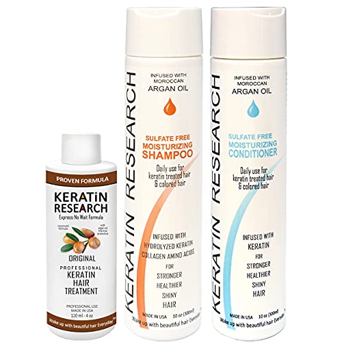 Keratin Research Brazilian Keratin Blowout Hair Treatment 120ml with Sulfate-Free Shampoo and Conditioner 300ml Set