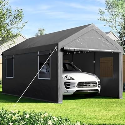 SANWAY 10'x20' Heavy Duty Carport with Removable Sidewalls & Doors, Portable Garage with Roll-up Ventilated Windows, Gray