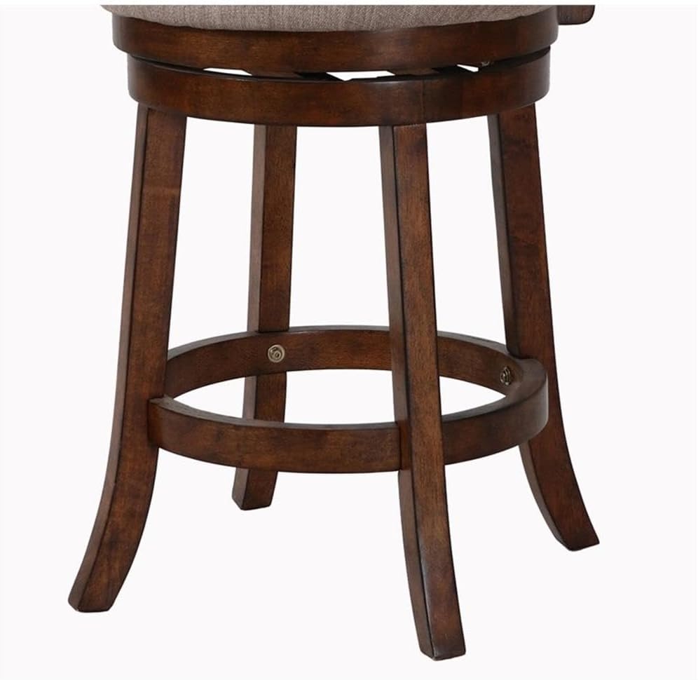Pemberly Row Traditional 24" Swivel Wood Counter Stool, Dark Brown Finish, Polyester Fabric Cushion, Nailhead Trim, Flared Legs, 360° Rotation, Kitchen Island, Pub Table, Game Room Seating