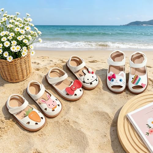 Image of Toddler Girl Sandals with Flower, ‌Breathable Leather kids Closed Toe Sandals, Soft Rubber Non-Slip Summer Shoes for Little Girls 2-7 Years