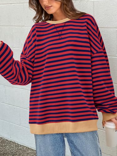 Image of PRETTYGARDEN Womens Striped Oversized Sweatshirt Color Block Crew Neck Long Sleeve Casual Loose Pullover Top Y2K Clothes