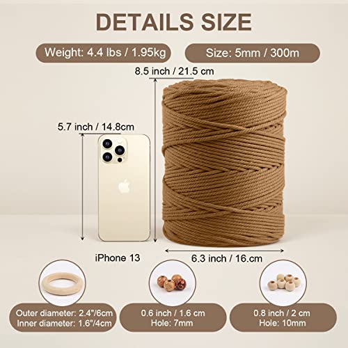Image of ZUEXT Macrame Cord, Caramel, 5mm x 328yds Cotton String Macrame Yarn
