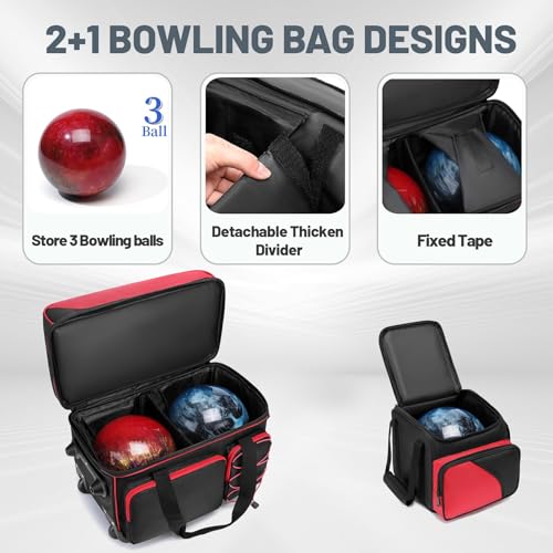 3 Ball Bowling Bags with Wheels, Bowlig Roller Bag for 3 Ball with Separate Shoe Compartment and Retractable Handle, 2 Ball Bowling Roller Bag + 1 Ball Color Matching Add On Tote (Red-Black)