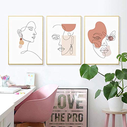 Modern Woman Face Line Art Painting Line Art Poster Female Figure Canvas Prints Scandinavian Art Decor-40x60cmx3 pcs sin Marco
