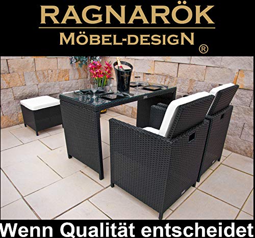 Ragnarök-Möbeldesign Gartenmöbel Essgruppe | In Schwarz | Aus PolyRattan | Tisch mit 2 Stühlen & 2 Hocker incl. Glas und Sitzkissen - 0039517766857 Ragnarök-Möbeldesign Gartenmöbel Essgruppe | In Schwarz | Aus PolyRattan | Tisch mit 2 Stühlen & 2 Hocker incl. Glas und Sitzkissen