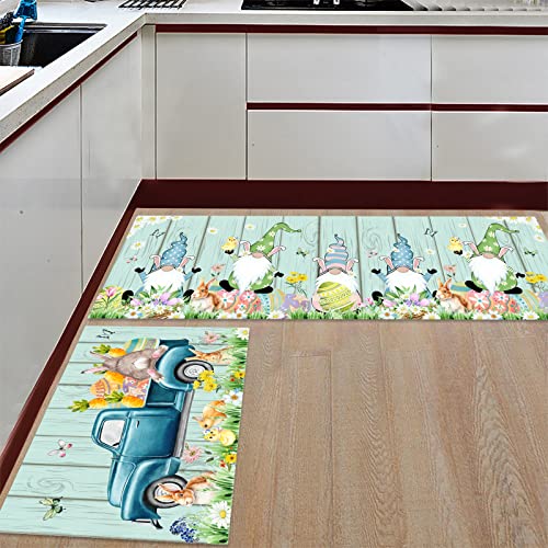 2 Piece Easter Day Kitchen Rug Set Easter Bunny Indoor Floor Mats For Spring Summer, Gnomes Mat Runner Rug Carpet Mat For Kitchen Home Decor (15.7" X 23.6"+15.7" X 47.2") - Easter Eggs Truck Rabbit #TOP2