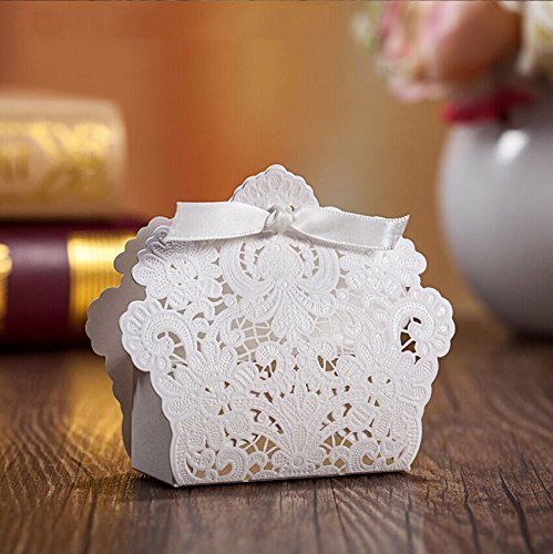 PONATIA 50 PCS Taglio a laser con il favore del partito di nozze del nastro, borse per regali di nozze Caramelle al cioccolato e confezioni regalo (bianco)