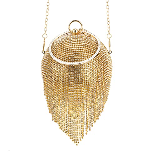 Gripit Women's Evening Round Ball Tassels Bag Diamond Clutch Purse Glitter Party Wedding Handbag With Chain,Gold #TOP1