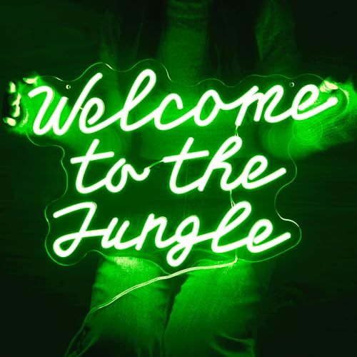 Image of Britrio Large Welcome to the Jungle Neon Sign Wall Decor LED Neon Light Wall Sign for Entryway Front Porch Bedroom Home Party Wedding Kids Gift 21.65x14.57 Inch Green 12V(Power Adapter Include)