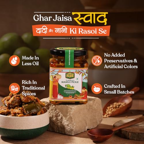 Image of THE LITTLE FARM CO Punjabi Mango Pickle - Aam ka Achar (400g) | Less Oil Mustard Base Homestyle Tangy Mango Pickles with Saunf | No Added Preservatives, Artificial Colours & Flavours | Traditional Recipe