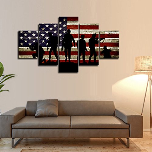 Large Usa Us American Flag Military Soldiers Army Wall Art Decor Canvas Prints Posters Pictures Artwork For Living Room Bedroom Home Decor 5 Panel Large Poster Framed Ready To Hang (60"Wx32"H, 26) #TOP5