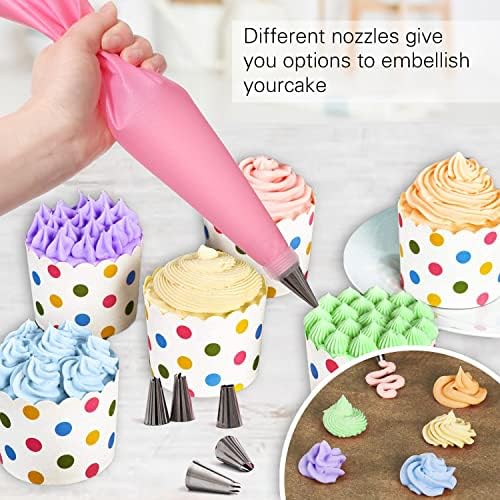 Piping Bags and Nozzles Set 12 Pcs with 6 Premium Stainless Steel Piping Nozzles, 1 Converter & Silicone Bag, 3 Cake Scrapers and 1 Nozzles Cleaning Brush for Decorating Cakes & Cupcakes