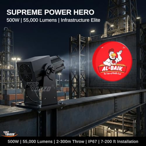 Image of TONZO 500W LED Logo Projector Light, 55000 Lumens, 7-200ft Range, 1 Custom Lens, IP67 Waterproof Outdoor GOBO Projector with Remote, Static & Rotating Signage Light for Shop Event Business Storefront