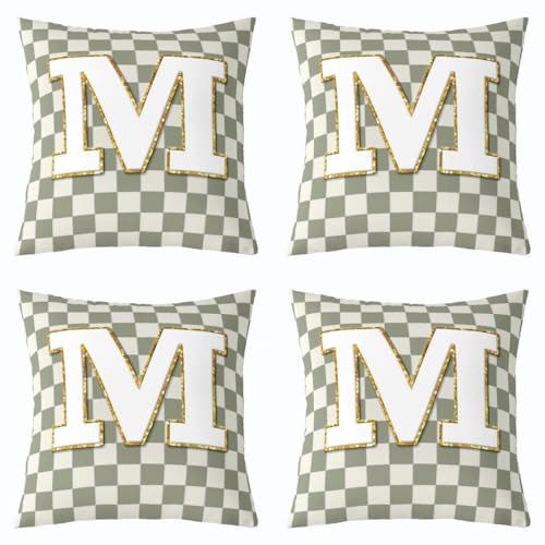 Image of Erosebridal Sage Green Checkered Throw Pillow Covers 18x18 Set of 2 Plaid Initial M Cushion Cover Personalized Monogram Throw Pillow Case for Bed Couch Sofa Fashion Grids Gingham Home Decor