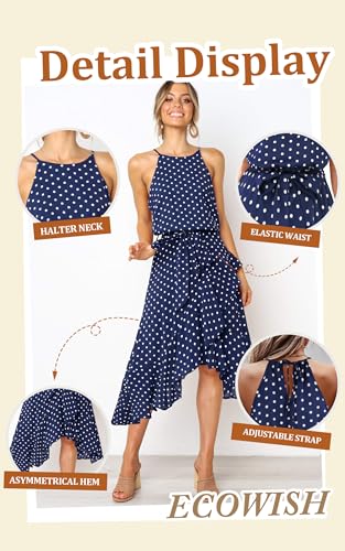 Image of ECOWISH Polka Dot Women Summer Dresses Casual Midi A Line Ruffle High Low Sleeveless Boho Floral Halterneck Cocktail Sundress